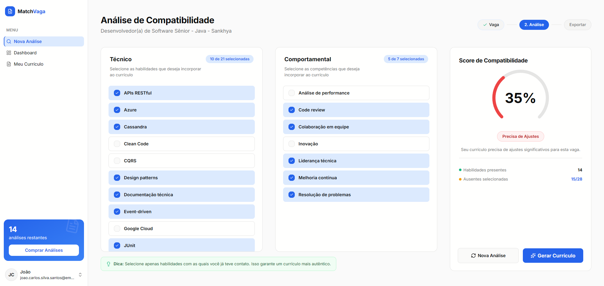 Tela de análise de compatibilidade entre currículo e vaga